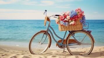 Bicycle with a basket sits on top of sand near the ocean photo