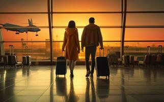 hombre y mujer esperando avión en aeropuerto foto