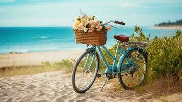 bicicleta con un cesta se sienta en parte superior de arena cerca el Oceano foto