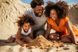 Happy family on the beach photo