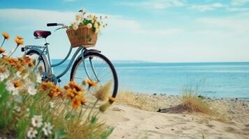 bicicleta con un cesta se sienta en parte superior de arena cerca el Oceano foto