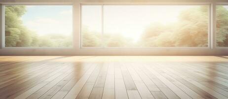 Empty room with bog window and wooden floor photo