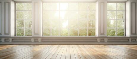 Empty room with bog window and wooden floor photo