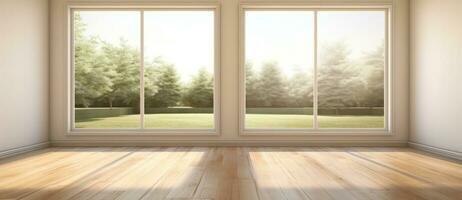 Empty room with bog window and wooden floor photo