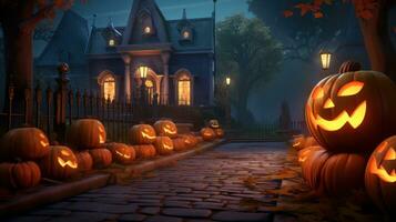 Halloween haunted streets with three pumpkins, photo