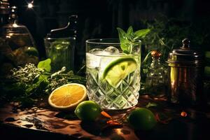 Gin and tonic on a wooden table on the dark side photo
