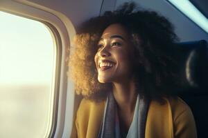 mujer sonrisa cerca el ventana de avión foto