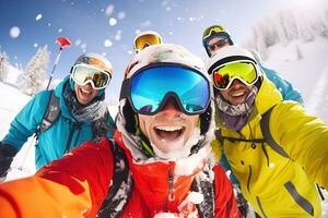 a group of people wearing ski equipment takes a selfie together photo