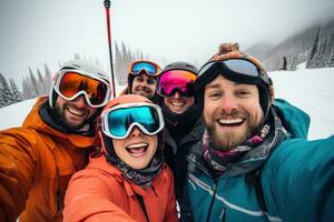 A group of people wearing ski equipment takes a selfie together photo
