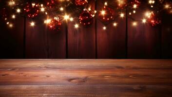 a wooden background with christmas lights and decor photo