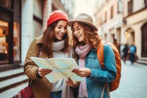 Two friends are looking at the map on the street photo