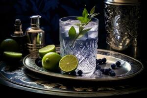 Gin and tonic on a wooden table on the dark side photo