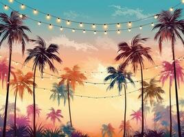 Tropical background with palms and light bulbs photo