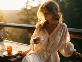 A girl is sitting at the porch with a cup of coffee photo
