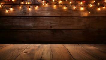 a wooden background with christmas lights and decor photo