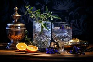 Gin and tonic on a wooden table on the dark side photo