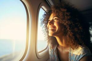 mujer sonrisa cerca el ventana de avión foto