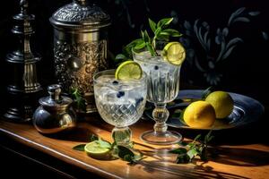 Gin and tonic on a wooden table on the dark side photo