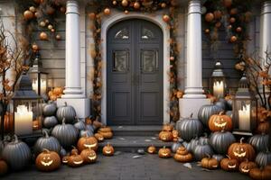 Halloween decorations on the porch with pumpkins photo