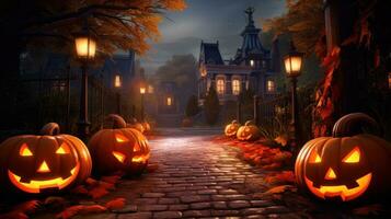 Halloween haunted streets with three pumpkins, photo