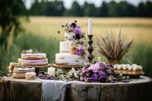 a cake table in an outdoors setting photo