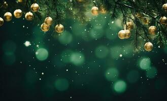 Green Christmas background with lights photo