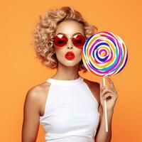 Beautiful Woman Eating Big Pink Lollipop isolated. photo