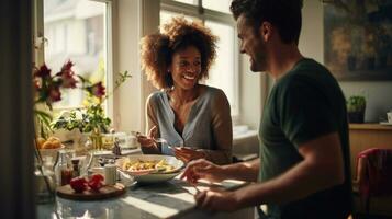 Black man and chinese woman cooking breakfast together. photo