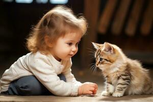 pequeño niño obras de teatro con un gato foto