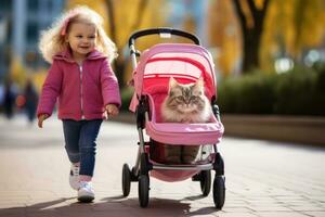 Little girl pushes a cat in a pink toy stroller photo