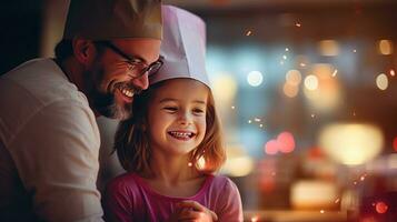 papá con un niña de 10 años Cocinando desayuno juntos foto