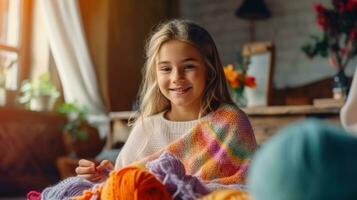 A beautiful girl of 10 years old is learning to knit. photo