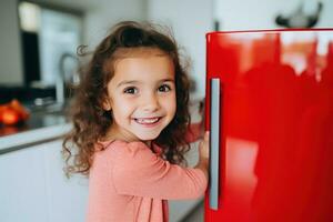 un niña en un rojo vestir con palos un imán a el refrigerador. foto