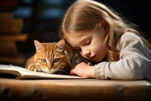 niña es leyendo con su gato foto