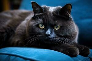 un grasa gato mentiras en un azul sofá. foto