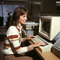 A woman  works at a computer. photo