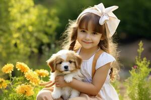 Girl playing with a puppy with a ribbon in the garden photo