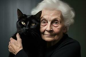 Grandma hugging her black cat photo