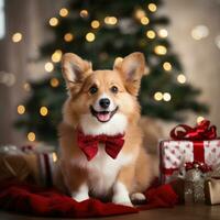 A dog in a red sweater sits under the Christmas tree photo