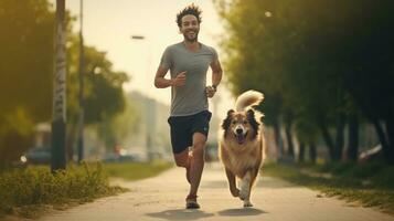 A man jogging with his dog photo