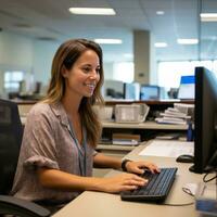 A woman  works at a computer. photo