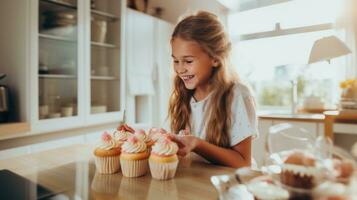 A beautiful girl of 10 years old bakes cupcakes with her mother in a kitchen. photo
