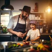 papá con un hijo de 10 años Cocinando desayuno juntos foto