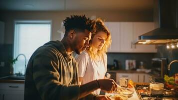 Black man and chinese woman cooking breakfast together. photo