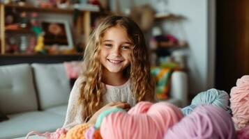 A beautiful girl of 10 years old is learning to knit. photo