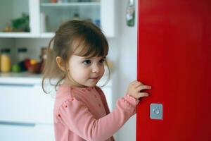 un niña en un rojo vestir con palos un imán a el refrigerador. foto