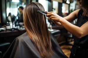 peluquero corte mujer en salón. foto