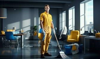 working office staff with a cleaning in blue uniforms. photo