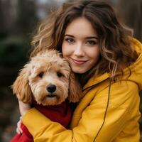 girl in a yellow sweater with curly hair hugging a dog photo