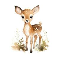 Watercolor forest cartoon isolated cute baby deer animal photo